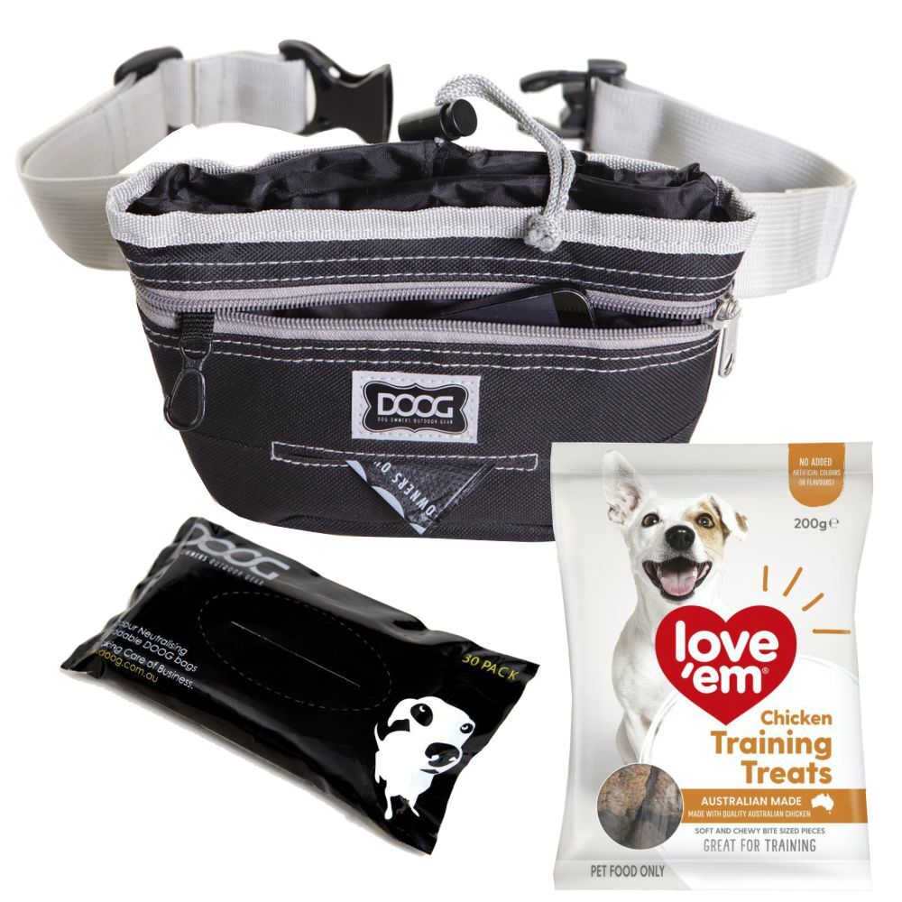 Dog Training Kit - Doog Black Treat Pouch, 3 x Poo Bags, Love'em Chicken Treats