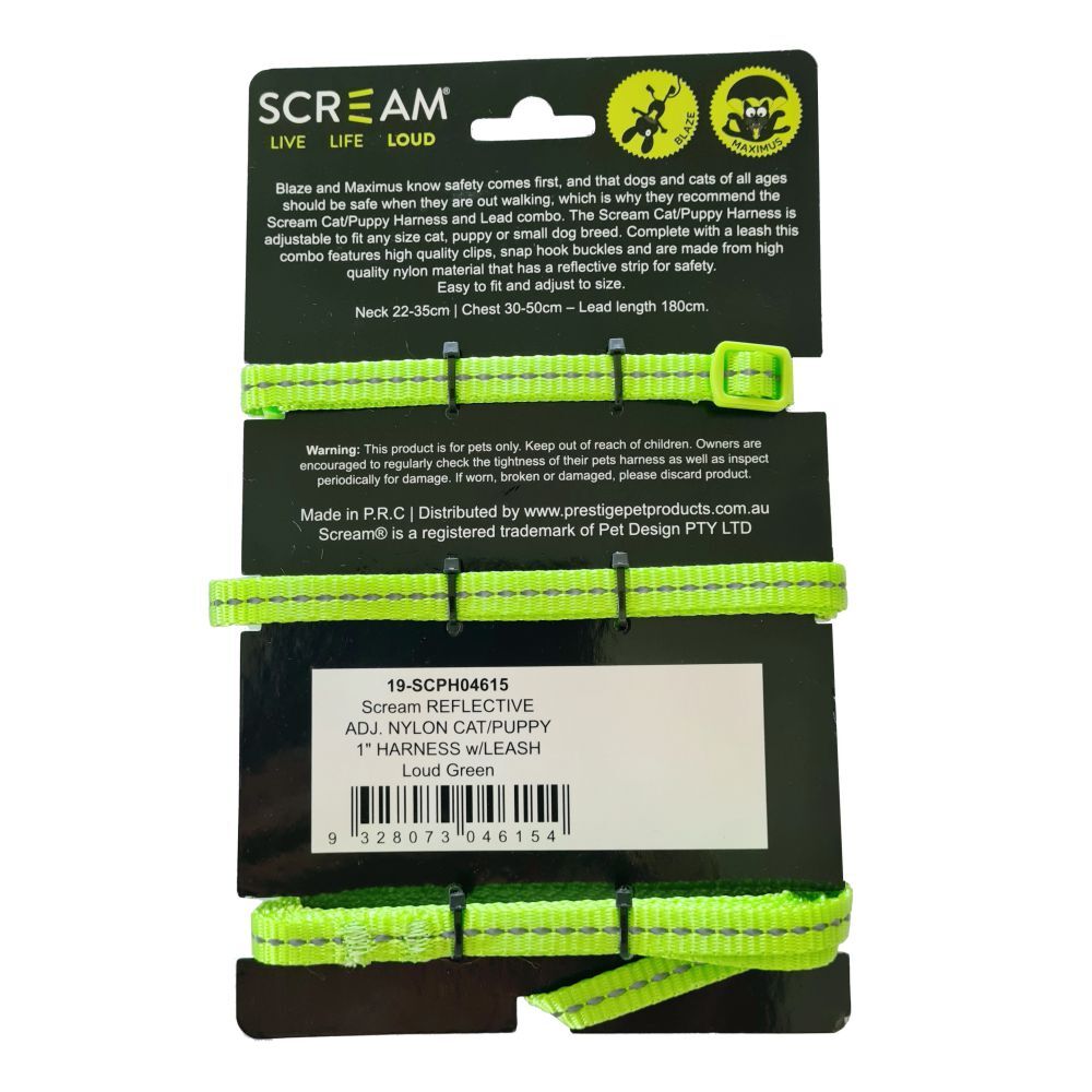 Scream Reflective Adjustable Nylon Cat/Puppy 1cm Harness with Leash Loud Green image