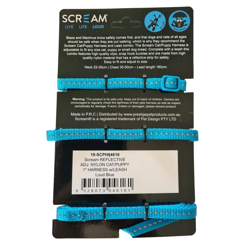 Scream Reflective Adjustable Nylon Cat/Puppy 1cm Harness with Leash Loud Blue image