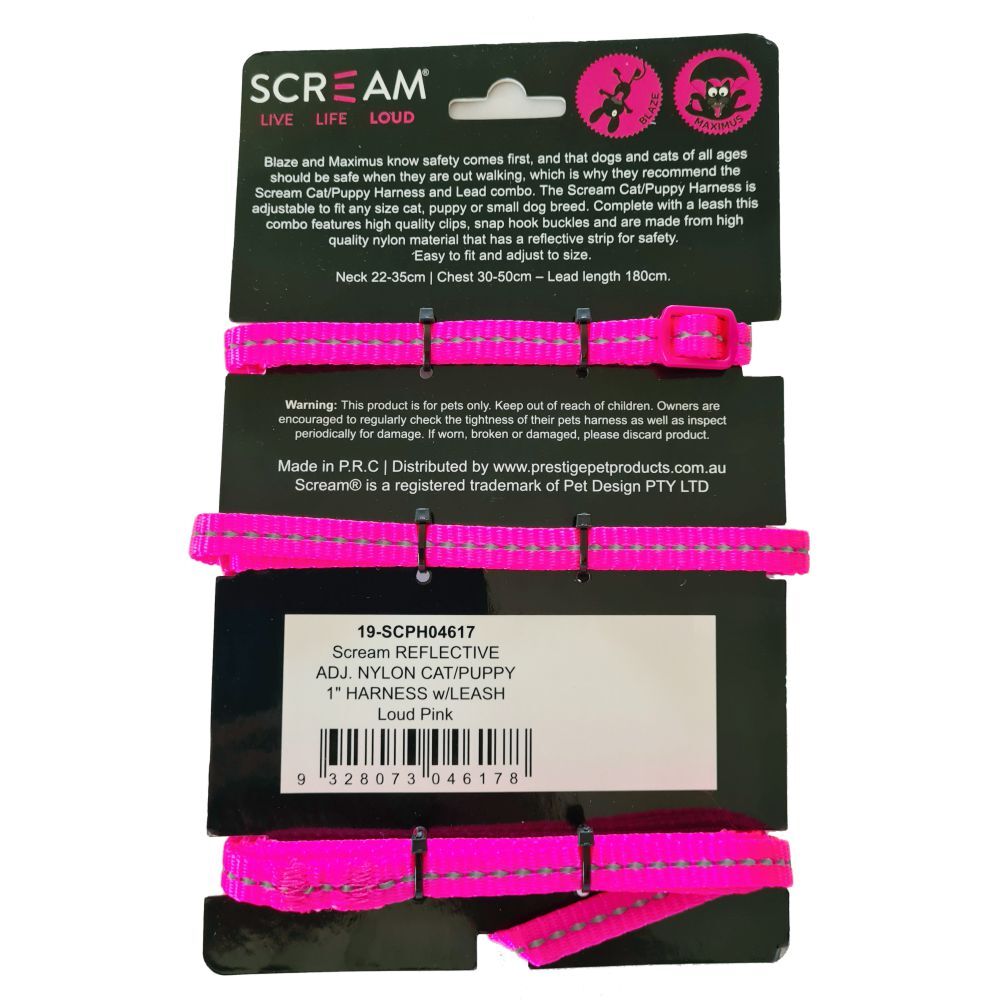Scream Reflective Adjustable Nylon Cat/Puppy 1cm Harness with Leash Loud Pink image