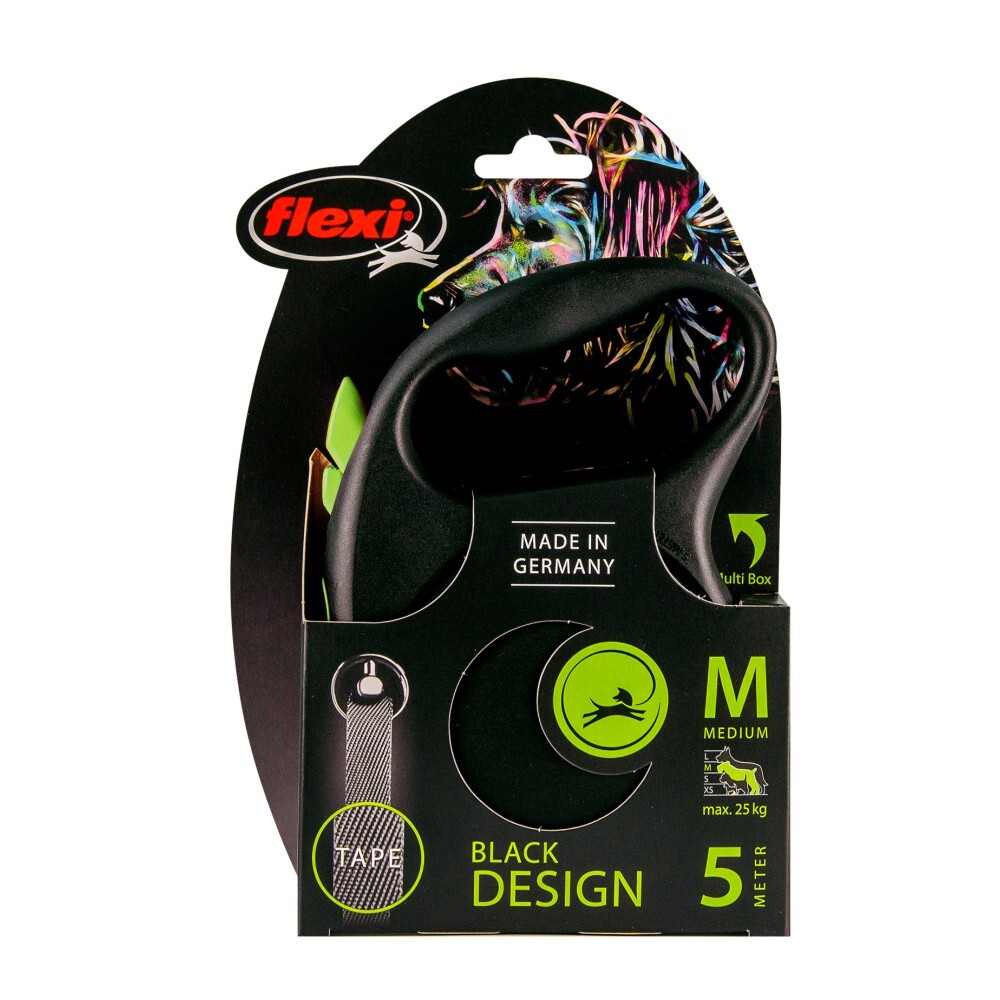 Flexi Black Design Retractable Tape Leash 5m Black & Green (Medium) image