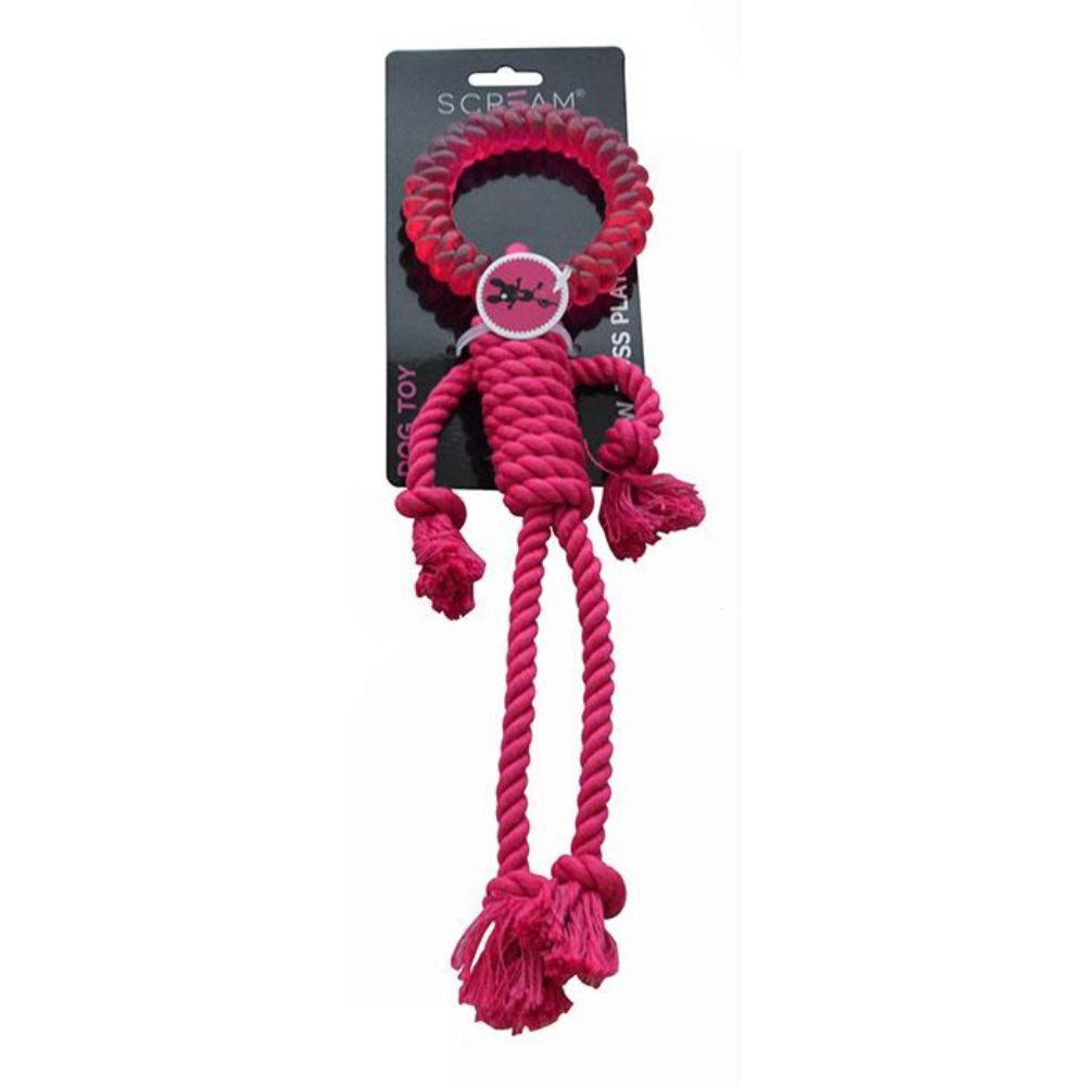 Scream Rope Man with TPR Head 30cm Loud Pink Dog Rope Toy image