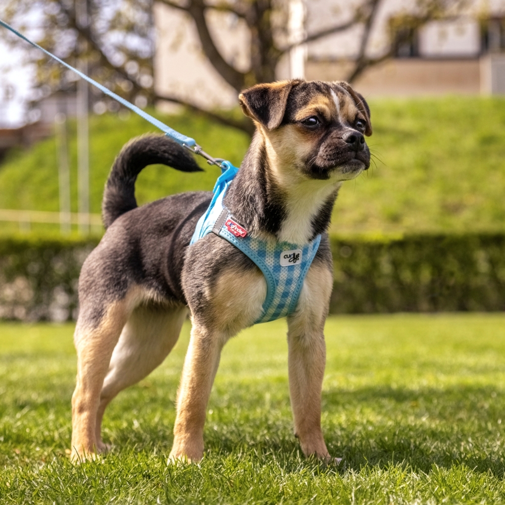Curli Vest Dog Harness & Lead Set Sky Blue Caro 3XS-M image
