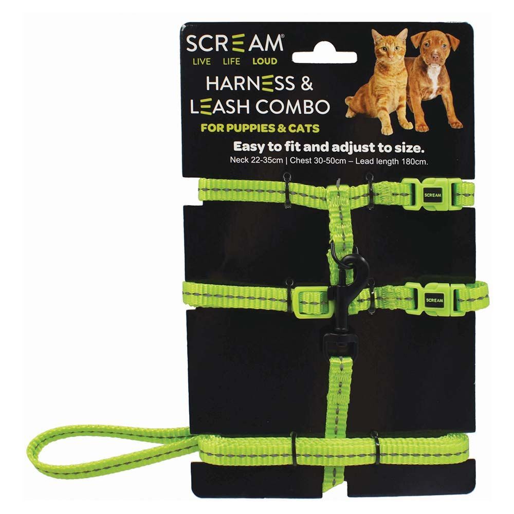 Scream Reflective Adjustable Nylon Cat/Puppy 1cm Harness with Leash Loud Green