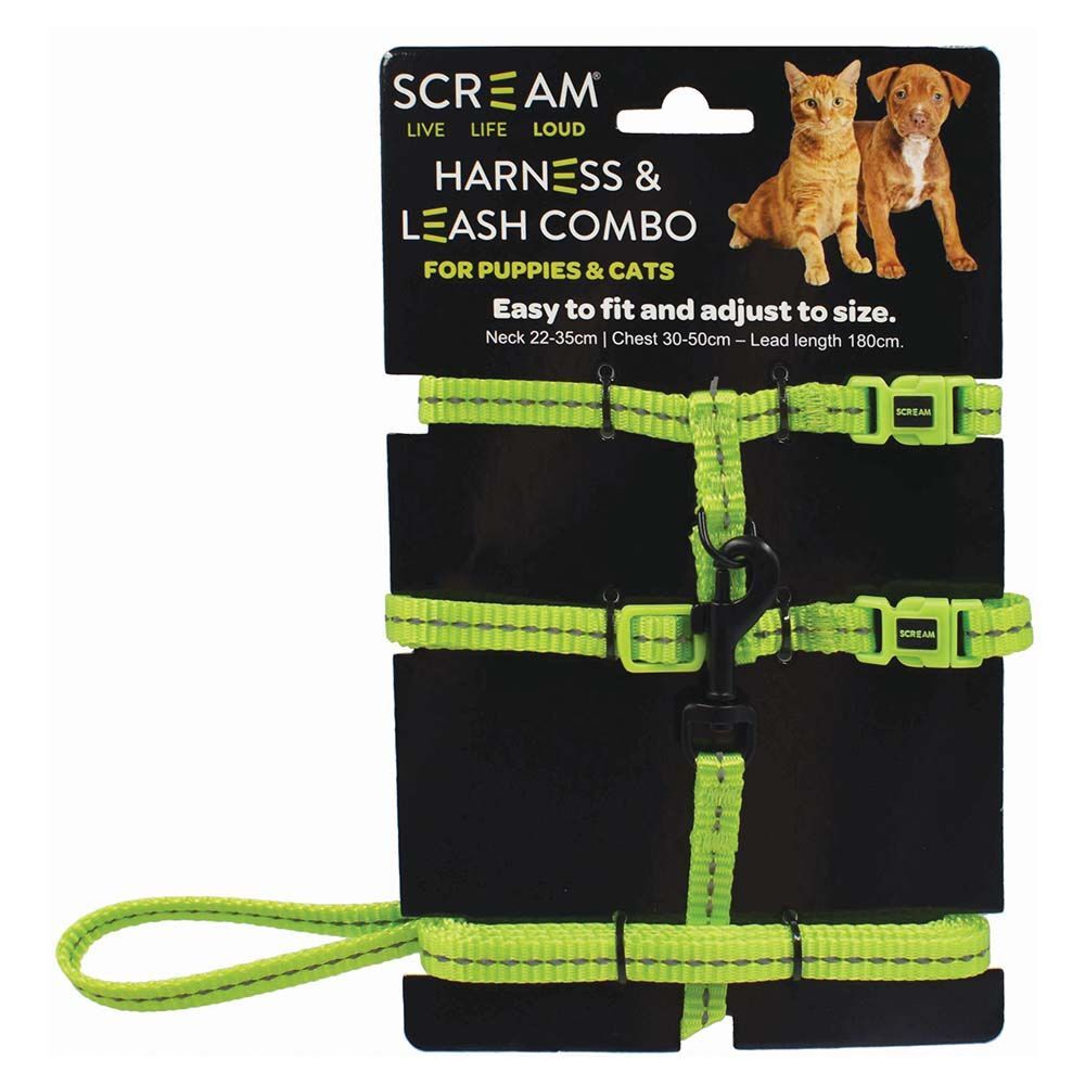 Scream Reflective Adjustable Nylon Cat/Puppy 1cm Harness with Leash Loud Green