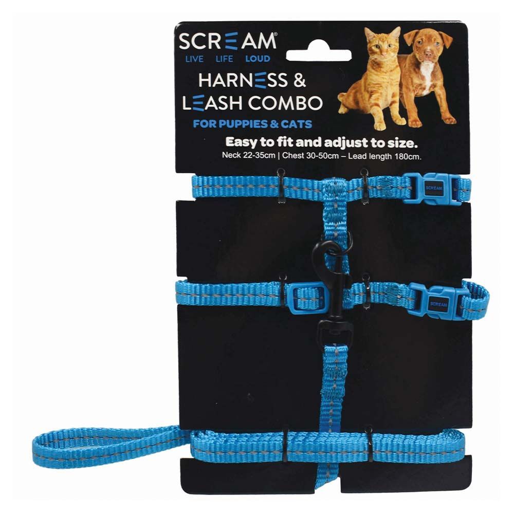 Scream Reflective Adjustable Nylon Cat/Puppy 1cm Harness with Leash Loud Blue
