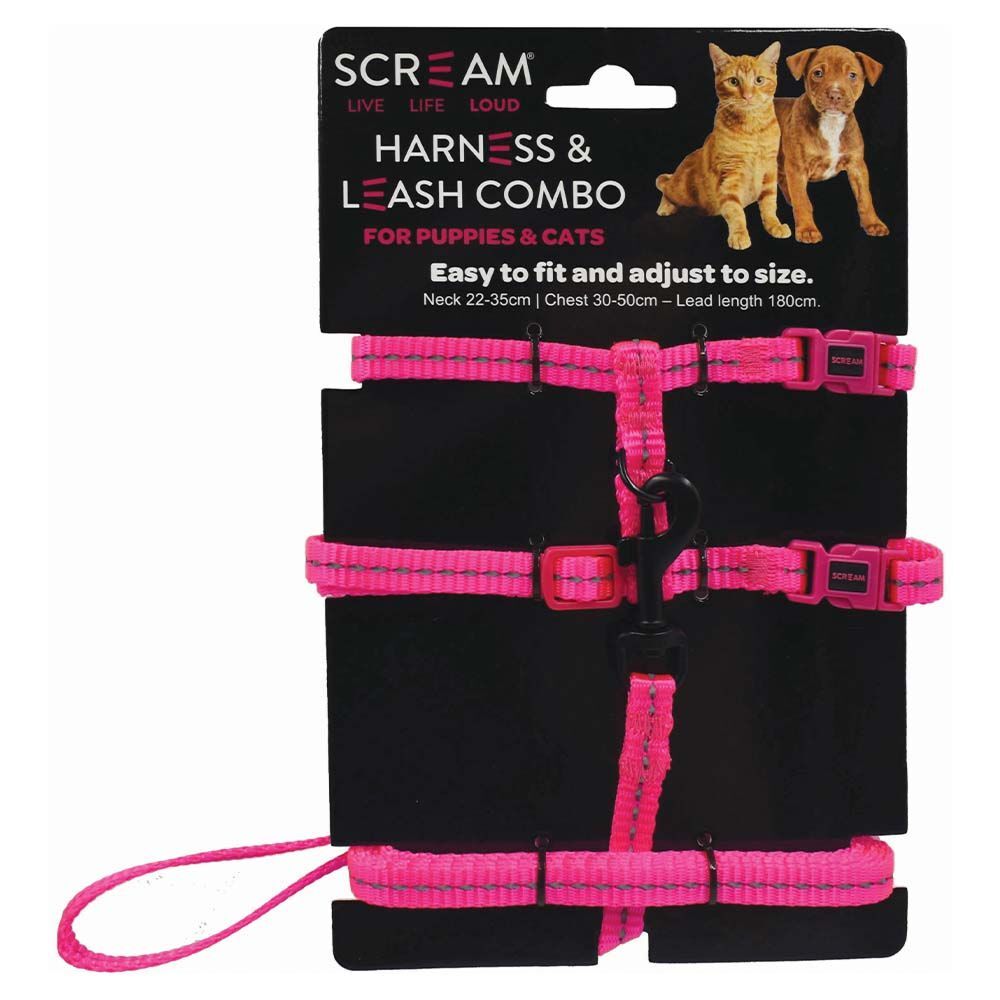 Scream Reflective Adjustable Nylon Cat/Puppy 1cm Harness with Leash Loud Pink