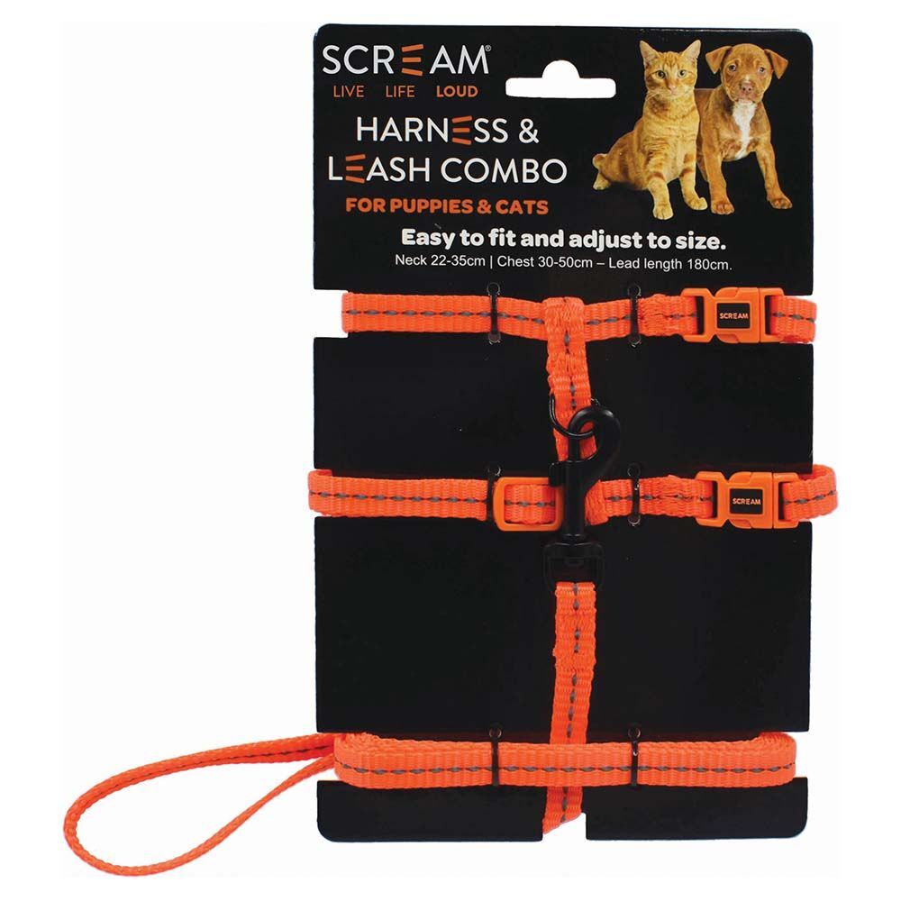 Scream Reflective Adjustable Nylon Cat/Puppy 1cm Harness with Leash Loud Orange