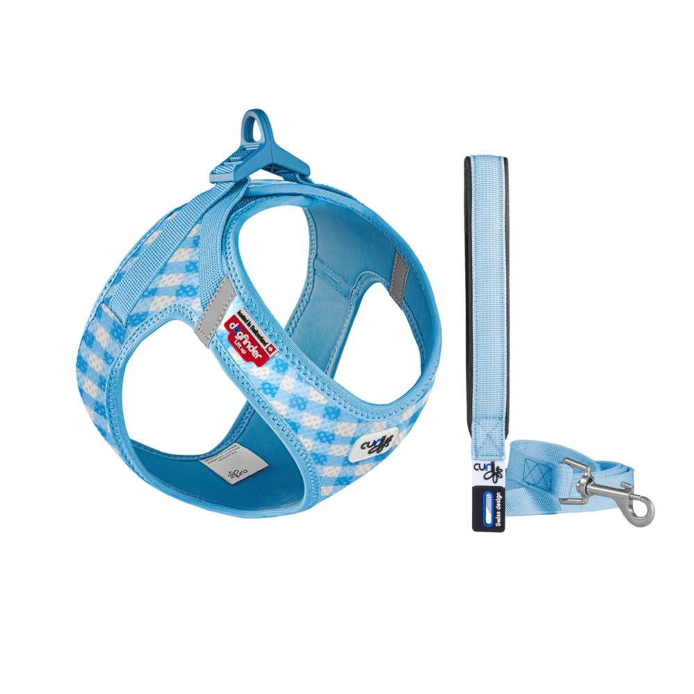 Curli Vest Dog Harness & Lead Set Sky Blue Caro 3XS-M