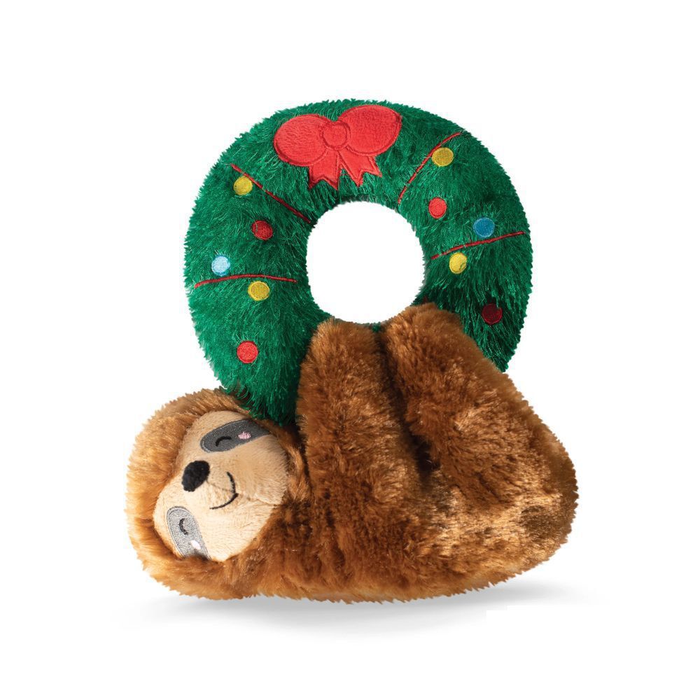 Fringe Studio Sloth Hanging From a Wreath Plush Christmas Dog Toy
