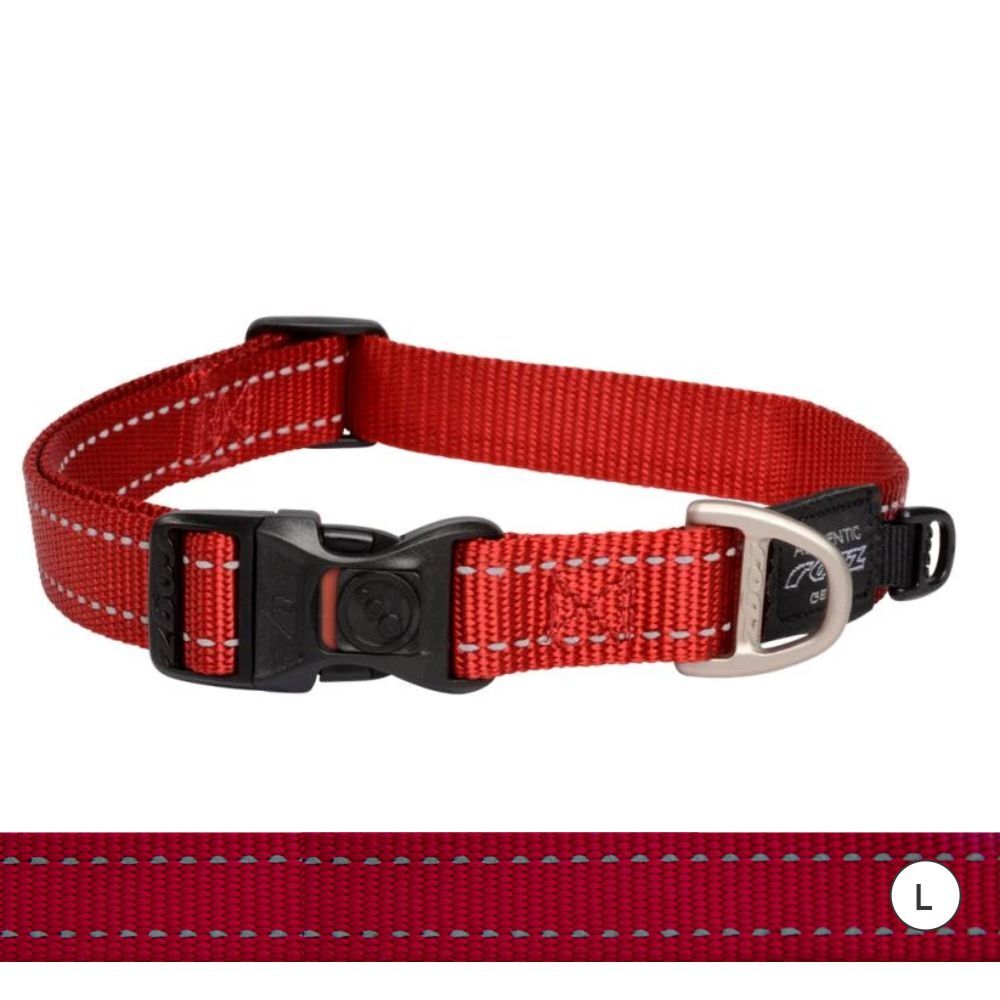 Rogz Classic Reflective Dog Collar, Red (Large 34-56cm)
