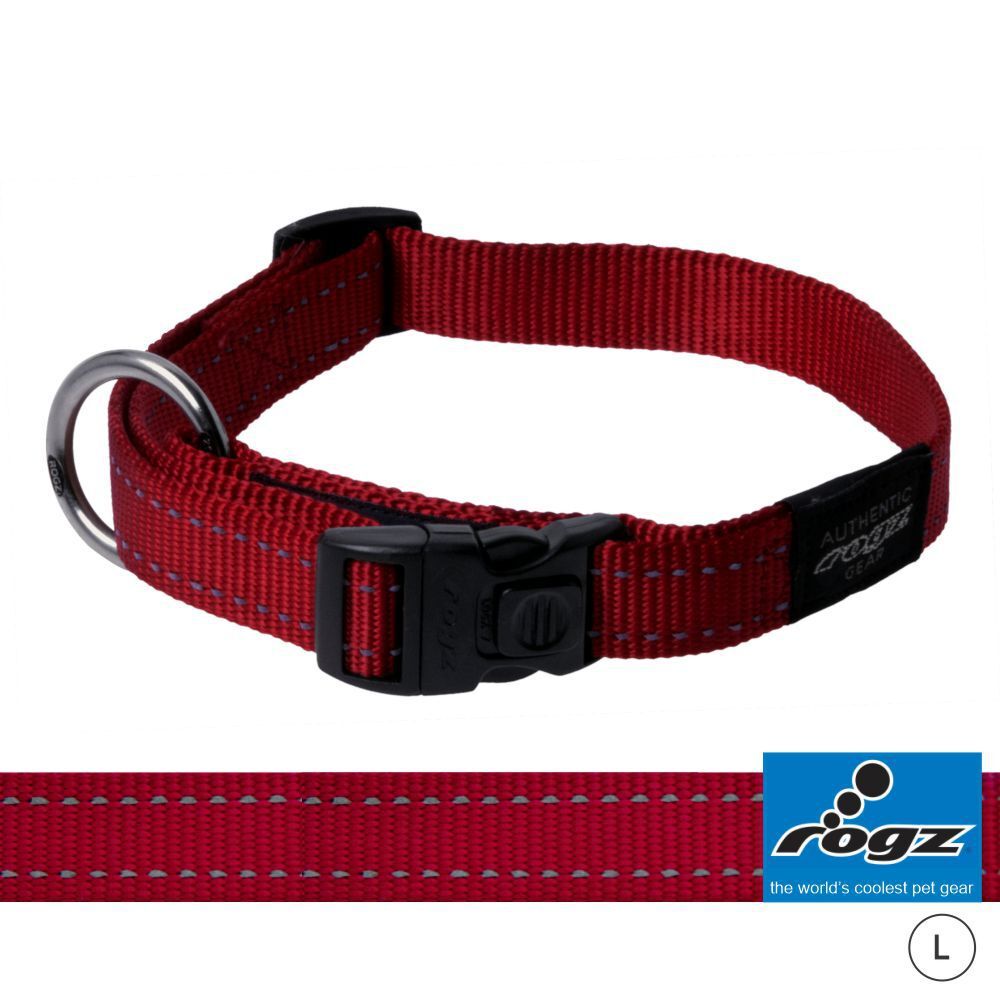 Rogz Classic Reflective Dog Collar, Red (Large 34-56cm) OLD STYLE