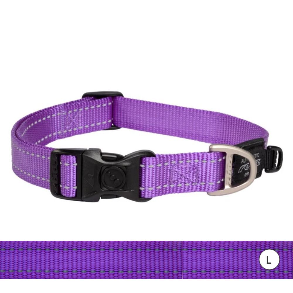 Rogz Classic Reflective Dog Collar, Purple (Large 34-56cm)