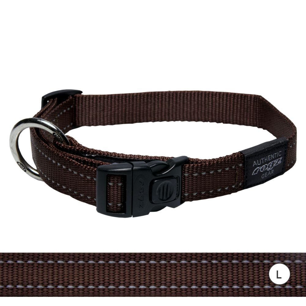Rogz Classic Reflective Dog Collar, Brown (Large 34-56cm)