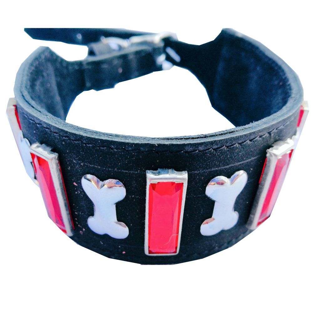 Mikmac Bone and Red Jewel on Black Leather Collar 14" 35cm