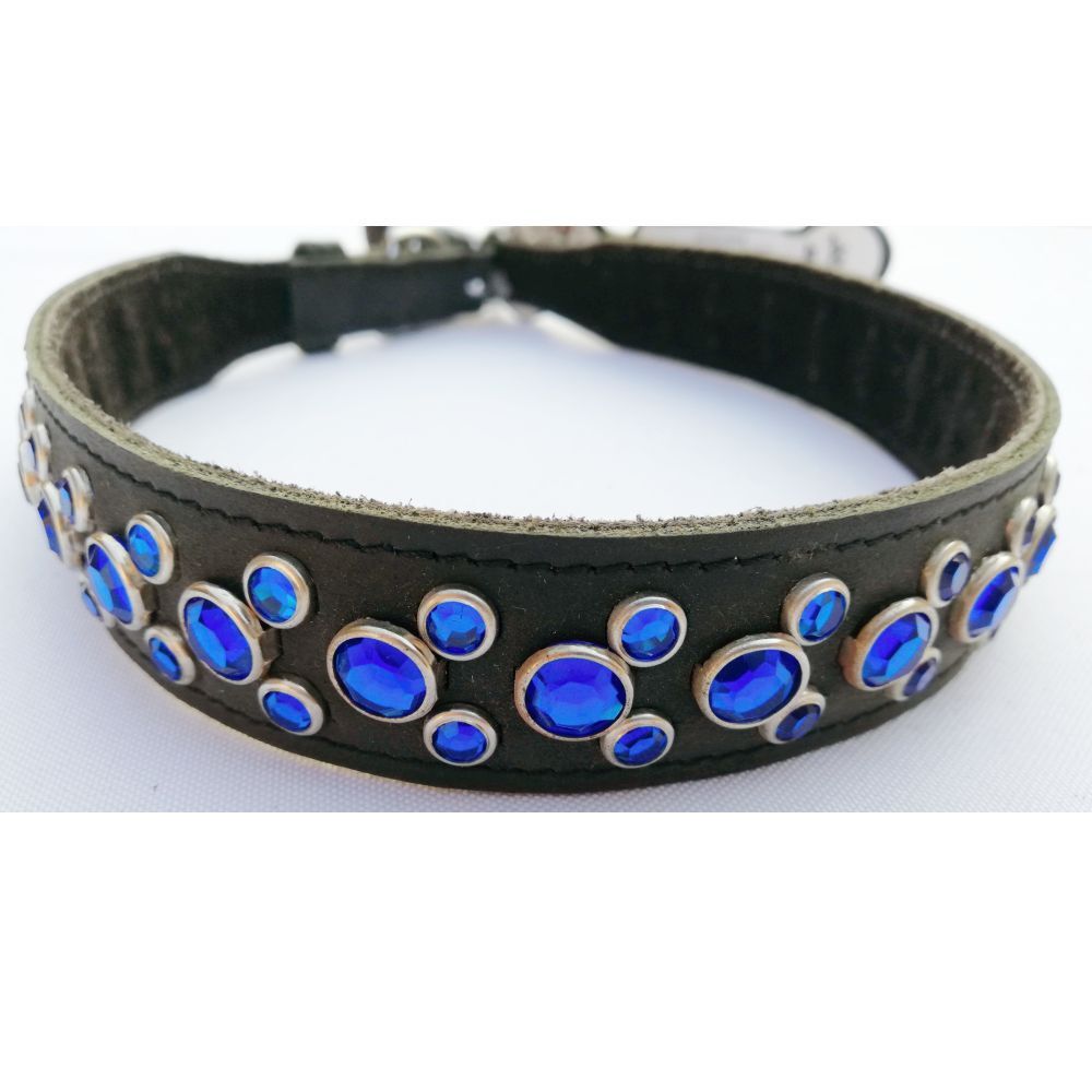 Mikmac Paris Black with Blue Stones Leather Collar 65cm (26")