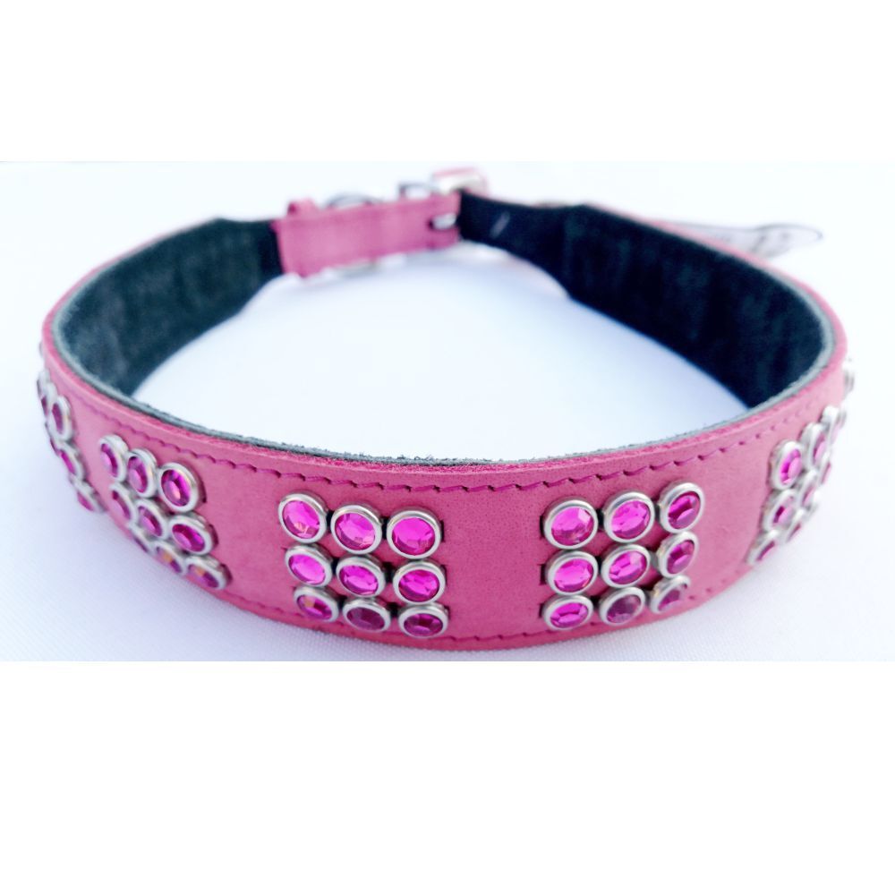 Mikmac Pink Nubuck Square Pink Stones Leather Collar 60cm, 65cm