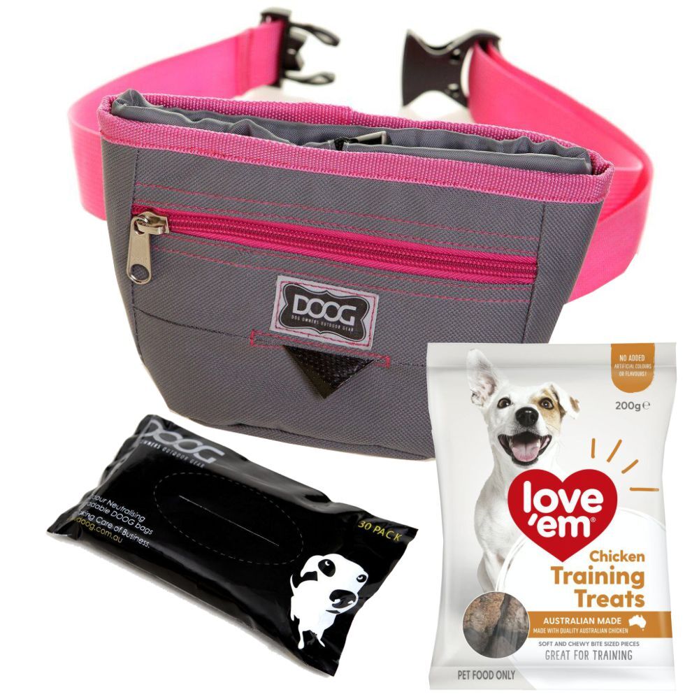 Dog Training Kit - Doog Pink Treat Pouch, 3 x Poo Bags, Love'em Chicken Treats