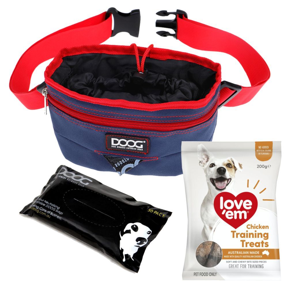 Dog Training Kit - Doog Navy Treat Pouch, Poo Bags, Love'em Chicken Treats