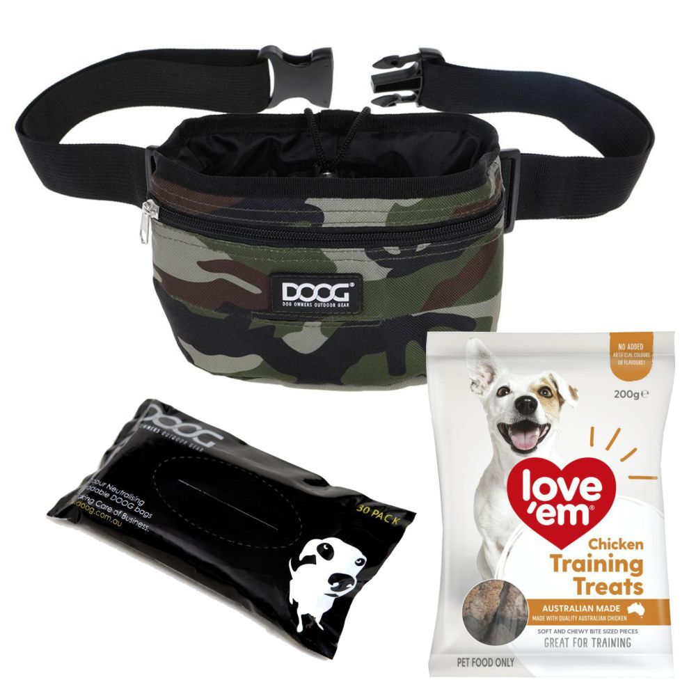 Dog Training Kit - Doog Camo Treat Pouch, Poo Bags, Love'em Chicken Treats