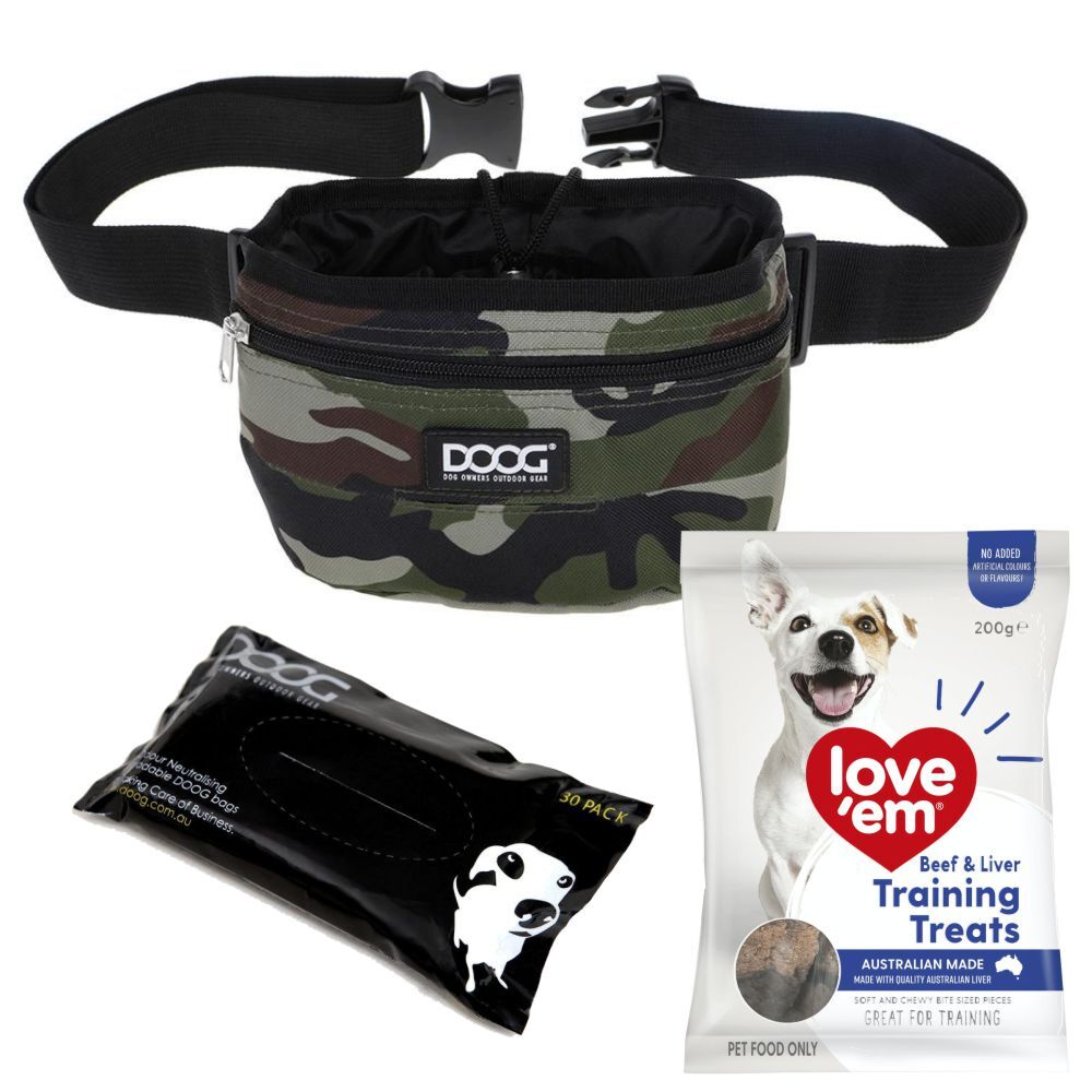 Dog Training Kit - Doog Camo Treat Pouch, 3 x Poo Bags, Love'em Beef & Liver Treats