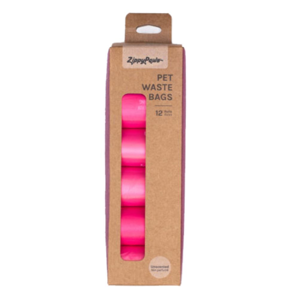 Zippy Paws Pet Waste Poo Bags With Handles 12 Rolls (180 Bags) Pink