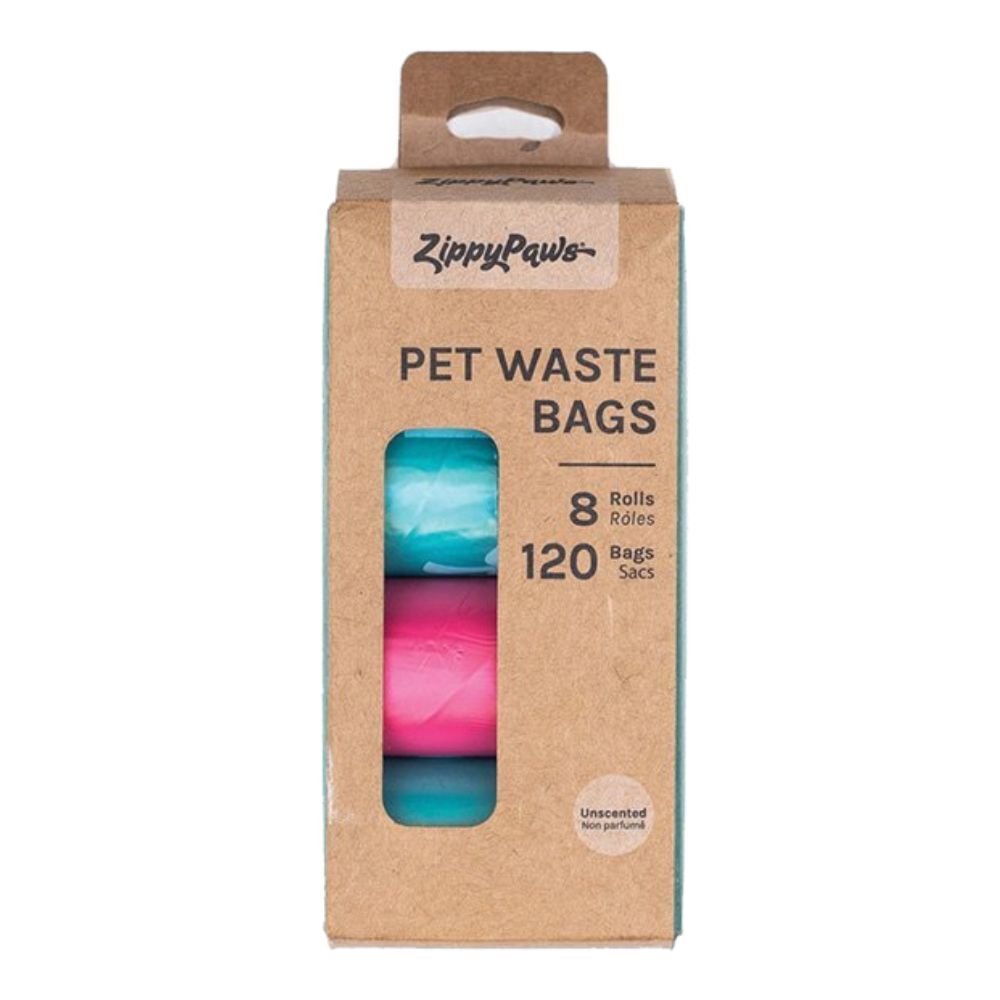 Zippy Paws Pet Waste Poo Bags With Handles 8 Rolls (120 Bags) Pink/Teal
