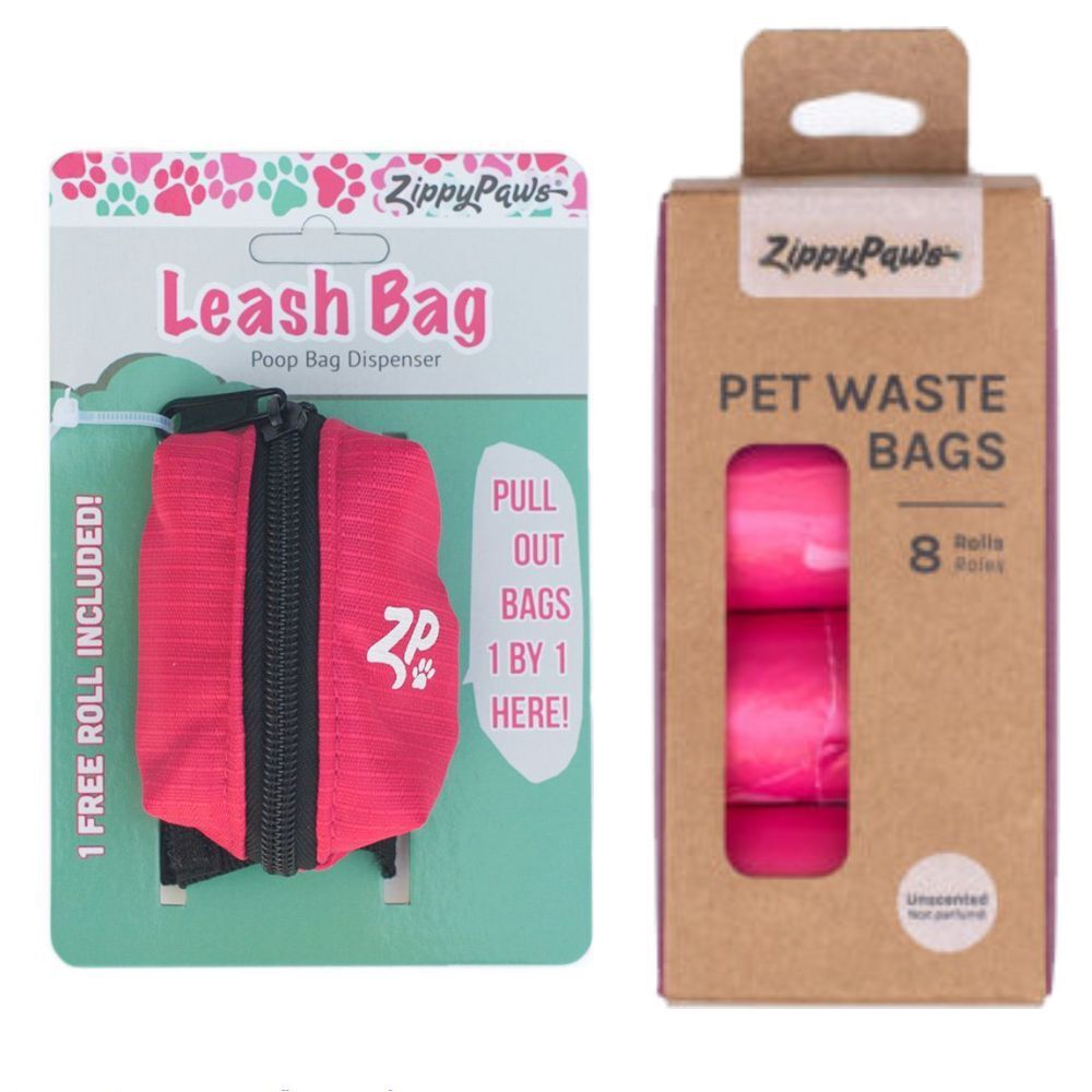 Zippy Paws Adventure Gear Poo Bag Dispenser in Hibiscus Pink with 120 Pick-Up Bags
